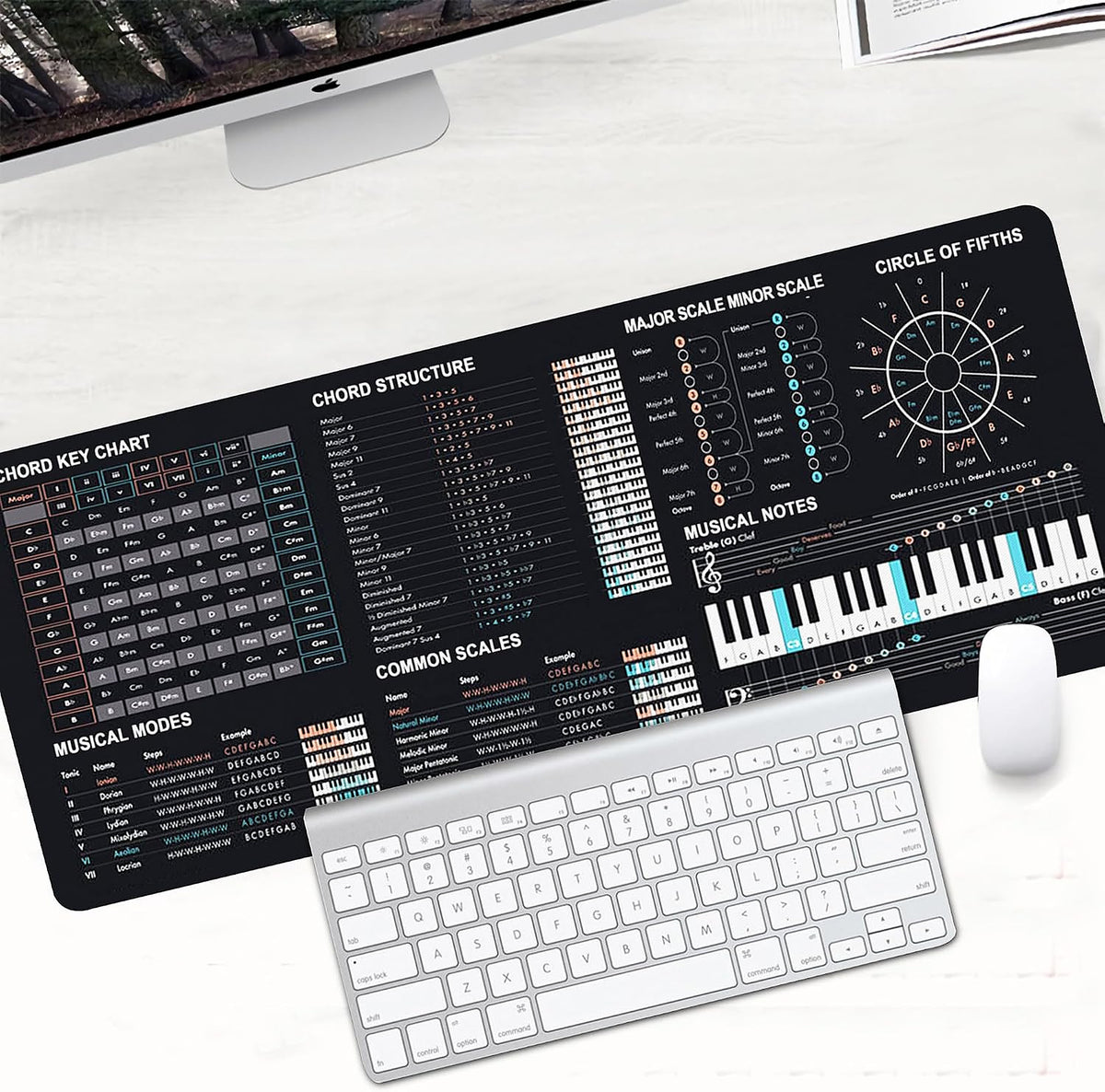 MATRICKS™ music theory deskmat on a white desk showing the circle of fifths and chord charts